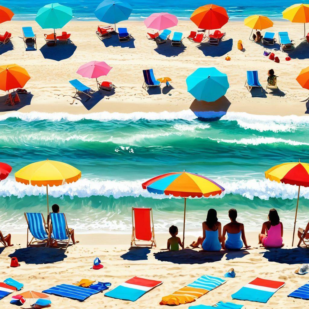 A serene beach scene featuring various swimwear styles from different eras, nestled among nostalgic family photos, showcasing generational connections. Gentle ocean waves lap at the shore, with bright sun umbrellas and children playing in the background, evoking feelings of nostalgia and warmth. Incorporate vibrant colors and a dreamy, soft-focus effect to enhance the emotional pull of familial ties. super-realistic. vibrant colors. dreamy atmosphere.