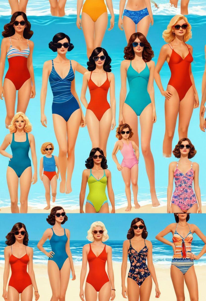 A beautifully illustrated timeline showcasing the evolution of swimwear from vintage family beach outings to modern trends. Each section highlights iconic swimwear styles, with elements like a 1920s family on the beach wearing vintage swimsuits, transitioning to colorful contemporary beachgoers. Include vibrant summer beach scenery in the background, with soft waves and sun-kissed skies. Combine retro aesthetics with modern graphics for a visually captivating effect. super-realistic. vibrant colors. 3D.